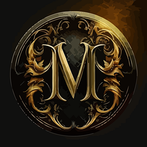 round logo for sticker with dark gothic letter M, vector, HD, super resolution, gold letter