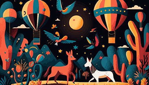 Vector art of a carnival, there are llamas and tropical birds and foxes, indigenous people playing with european people. Background of a starry night and colorfull feathers and balloons and kites over the sky.