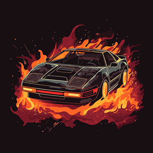 Pontiac Fiero, jumping through a ring of fire, vector style, flat artwork illustration,