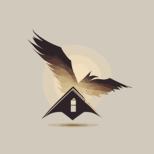 flying bird, outstretched wings, negative space house roof with gable window, vector logo, very simple