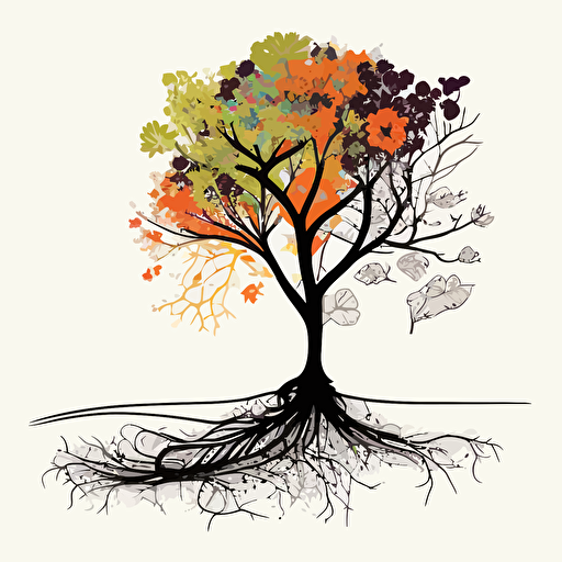 black and white line, vector, clean, colored by a toddler, flowers connected by roots, family tree