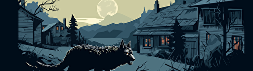 vector illustration of a scene with a loup garou frightening people in a village, legend, frightening wolf