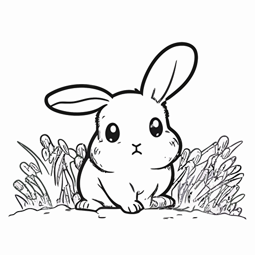 cute rabbit in farm, big cute eyes, pixar style, simple outline and shapes, coloring page black and white comic book flat vector, white background