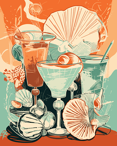seashells cocktail, retro aesthetics, vector image, sticker design, pantone color scheme: 12-1706 TCX, 12-0824 TCX, 15-0146 TCX, 15-1164 TCX, 16-6340 TCX, 17-4247 TCX, 18-2043 TCX, 19-6026 TCX. The final piece should exude a warm, holiday-like ambiance.