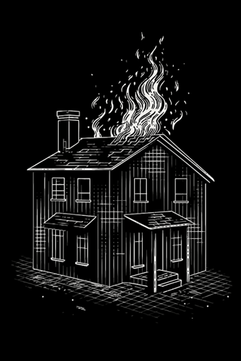 flat vector logo of a burning house, binary picture, black and white