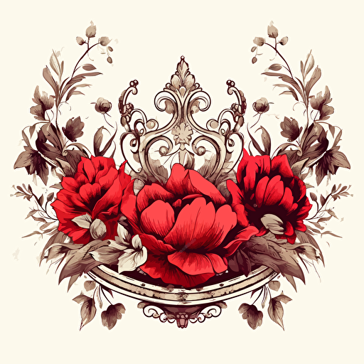 retro, crown, red flowers,, white background, waterhouse style, vector