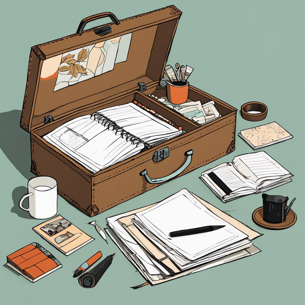 Crafting table with scrapbooking materials and a photo album, illustration in the style of Matt Blease, illustration, flat, simple, vector