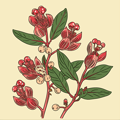 a vector flat image of a curved single stem of gum flowers up close. No shading. Block print red pink and green. Up close. With leaves. Accurate.