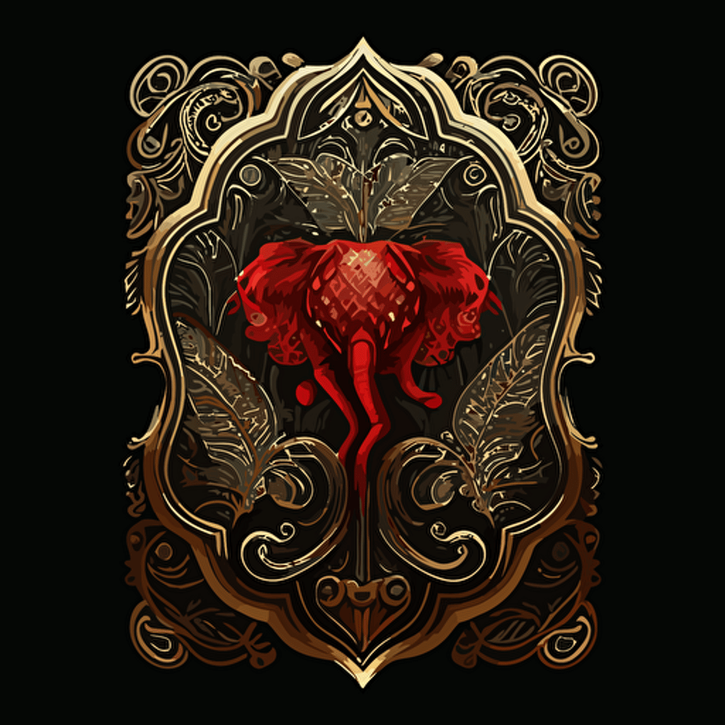 gold & red playing card isolated on black background vector illustration, in the style of casey weldon, conceptual embroideries, mário eloy, mark brooks, majestic elephants, dark red and light black, symmetrical forms