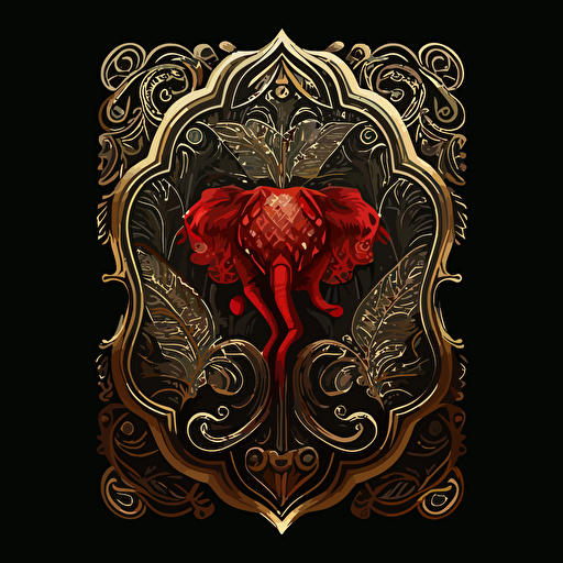 gold & red playing card isolated on black background vector illustration, in the style of casey weldon, conceptual embroideries, mário eloy, mark brooks, majestic elephants, dark red and light black, symmetrical forms