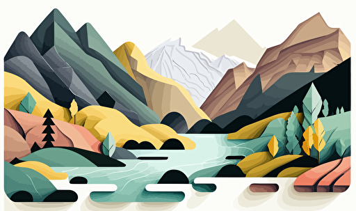 mountain and river in a landscape, geometric, flat, vectors, minimalistic, white background with empty spaces on top