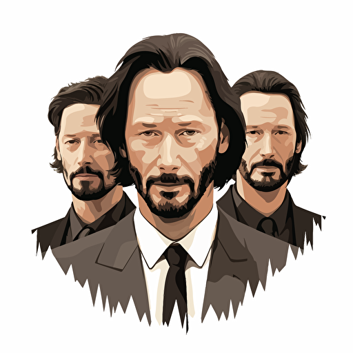three heads of jeanu reeves next to one another on a white background. far left is a yound keanu middle head he is middle age and in the right one he is older. make them in the style of a vector illustration