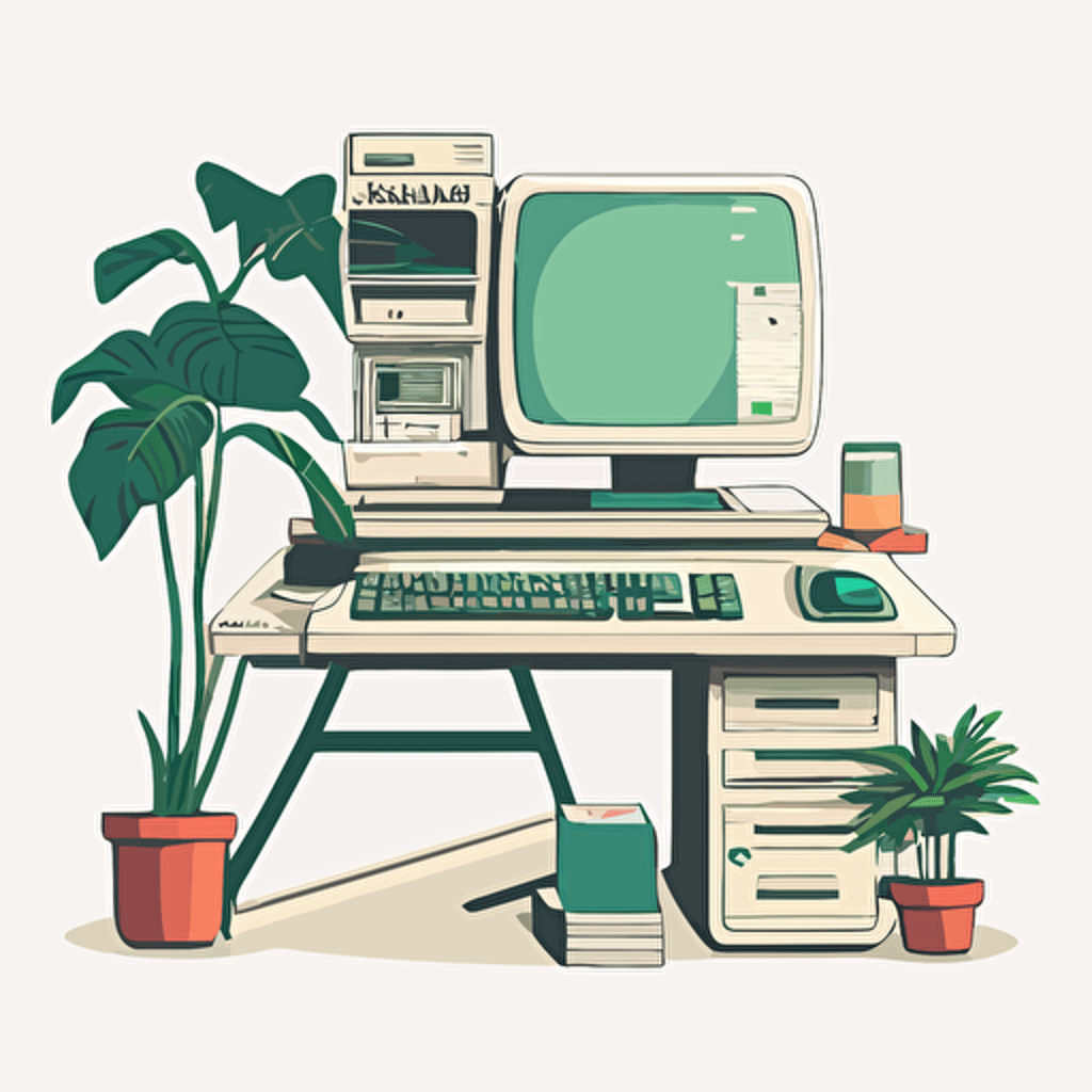 a clean desk with no clutter on white background in a vector art 80s style