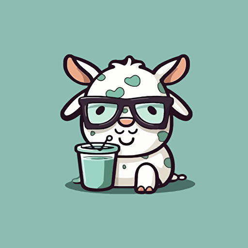 Cute Cow wearing glasses and drinking milk, illustration style, Minimalistic, Simple, illustration, 2D, Vector, Sticker