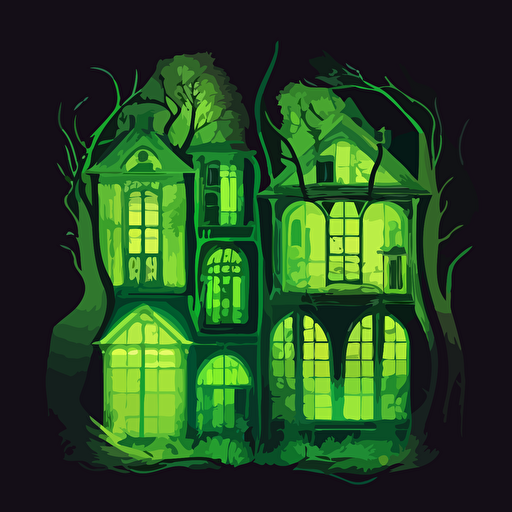 vector haunted house set back in woods, glowing green windows, transparent ghosts