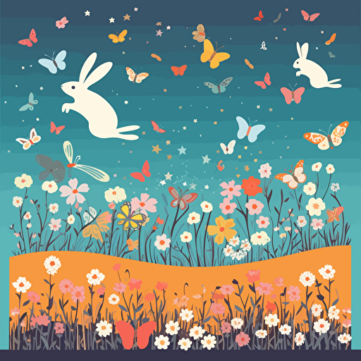 rabbits in a field of flowers. Butterflies in the air and birds in the sky. Vector illustration
