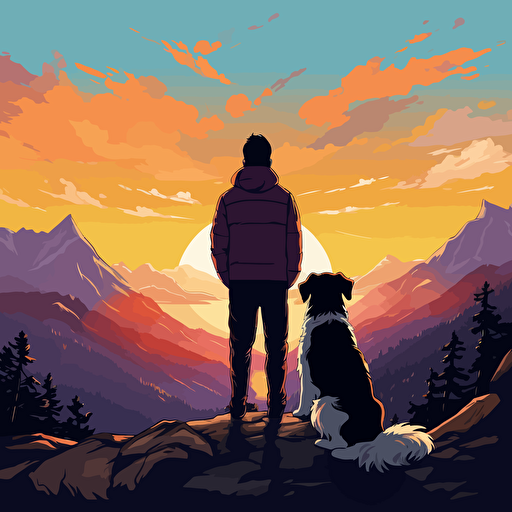 vector art of a big guy and his Australian Shepard watching a sunset in the mountains