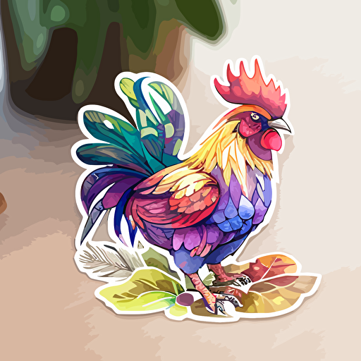 rooster made of watercolor flowers, Sticker, Cheerful, Earthy, Digital Art, Contour, Vector, White Background, Detailed