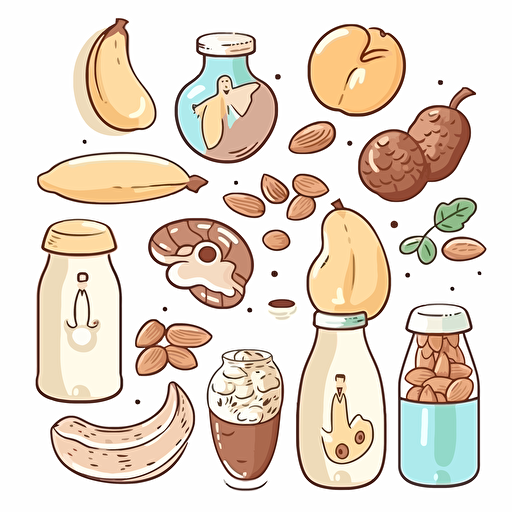 cute cartoon Almond, Cashew, Cod, Egg, Hazelnut, Milk, Oat, and Peanut illustrations, all separated, whimsical, cheerful, bright and colorful, vector, contour, white background