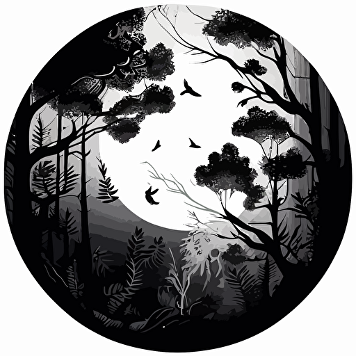 fantastical forest, monotone, single layer, no shadows, #000000, 700mm diameter perfect circle, black outer border, vector art