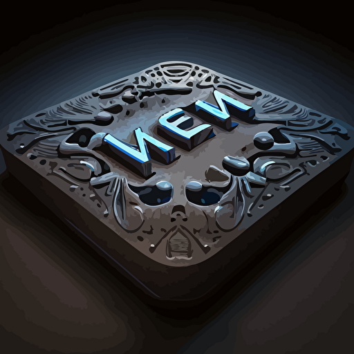 smooth flat gray logo vectorial stone in front view with giant inlaid letters reading "NIEM" and the I protruding as if carved into the stone, then tiny computer chip tech grids glowing with blue light embedded in the stone