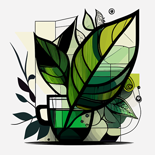 abstract vector art of green leaves, flying cup of tea, botanica, cubist style, 2d, black outline