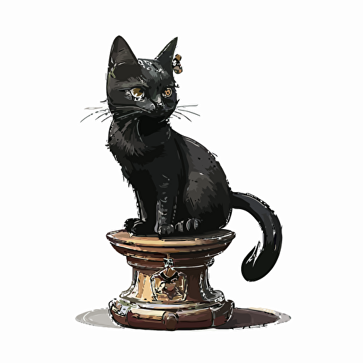 archer drawing style, hand drawn cartoon, black, cute female cat sitting on a pedestal, white background, vector, High definition