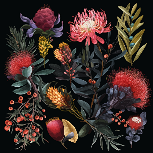 A collection on black with australian native christmas flowers, watercolour, vector, clipart, intricate, ultra