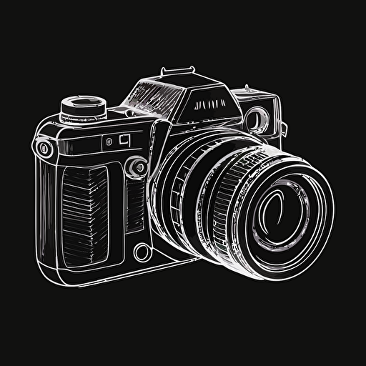 white line vector sketch of a 35 mm camera with lense, on a black background, as a logo