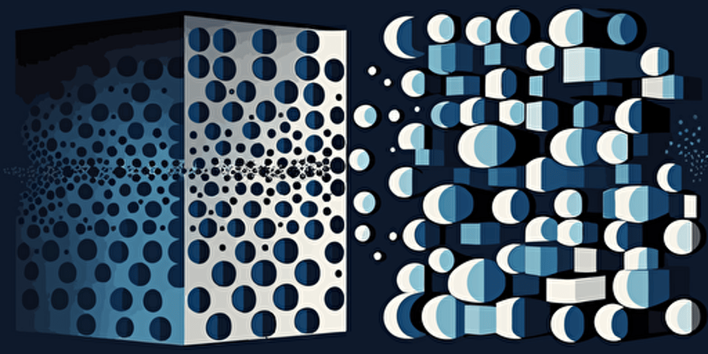 a iconic vector illustration showcasing the transformation from atoms to pixels, using a dark blue color palette and flat vectors. Emulate Victor Vasarely's style by incorporating geometric shapes and patterns, while avoiding the use of shades and gradients. Experiment with various shapes and sizes to create an optical illusion that will capture the viewer's attention.