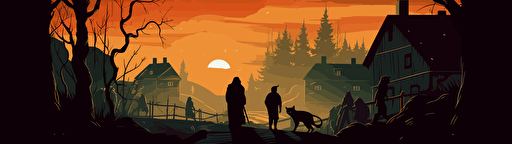 vector illustration of a scene with a loup garou frightening people in a village, legend, frightening wolf