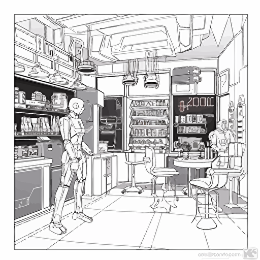 2D vector coffee shop in minimalism cyberpunk style. Colors: FB6B00 and 000000. Background white