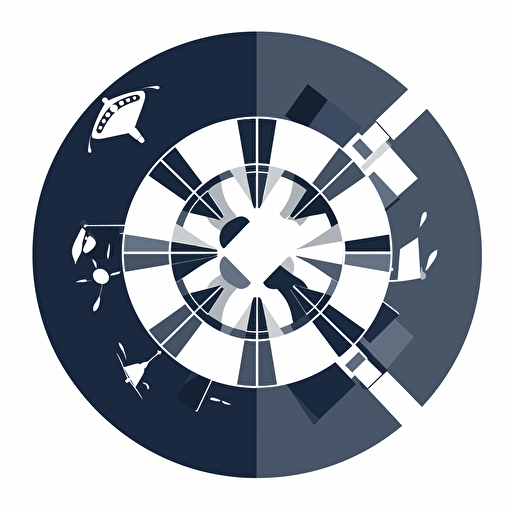 Minimalistic round war table, logo style, geometric shapes, top view, vector, cartoon style, white background, dark blue and dark gray color mix