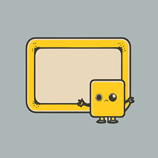 vector sticker style, rectangle border, transparent background, cute cartoon kawaii style, yellow backdrop inside with a small robot head in right hand lower corner of border