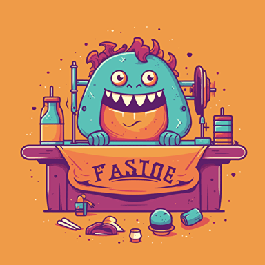 flat vector, logo, a nice tailor monster, sewing professional, next to sewing machine, happy, warm colors