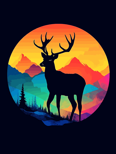 deer on mountain background, bright colors, round print, vector image,