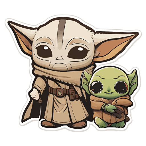 smiling baby yoda standing together with the Mandalorian, Sticker, Excited, Matte, Anime, Contour, Vector, White Background, Detailed