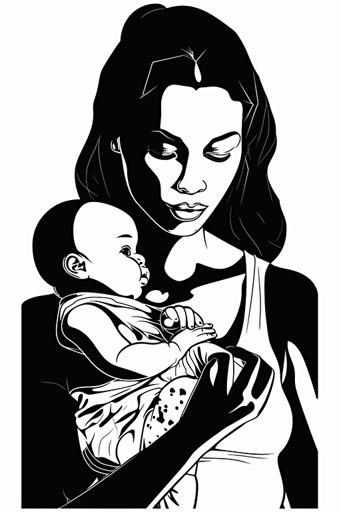 a stunning perfect face mother nursing her baby in her arms closely against her large pectorals, black and white vector with strong contrast on a solid white background