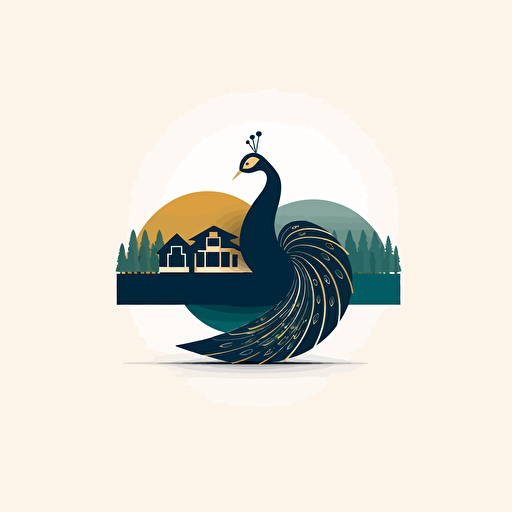 minimalist abstract vector simple logo, only simple shapes, low detail, luxury cabanas, cabanas are close to the top of a hill, the hill is next to a lake, there is a peacock in the roof of the cabana