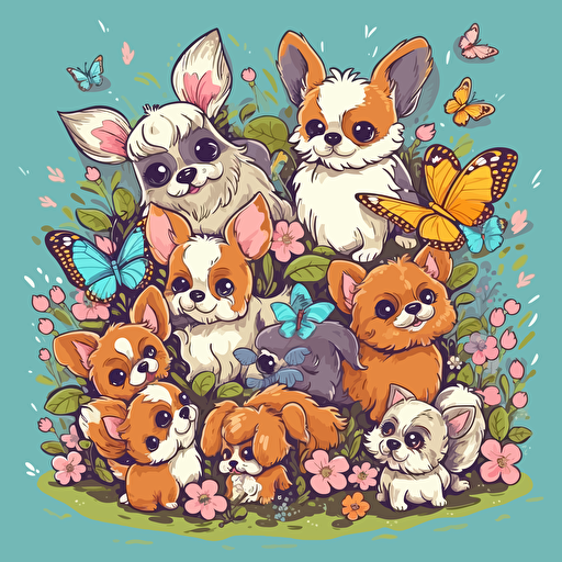 Collection of adorable hand drawn puppies with big eyes and fluffy fur, sitting and playing in a colorful garden filled with flowers and butterflies, conveying joy and cuteness, Vector illustrations, vibrant colors,