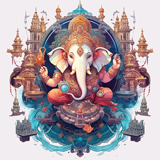 round up design with digital illustration of ganesha, magic world inspired by Studio Ghibli, vector illustration, intricate details, unreal engine, extremely high detailing, sharp, white background