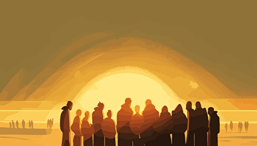 A warm sunny summer day in the late afternoon sun a background context. vector art, softly colored modern day people, small group, huddled together praying with heads bowed and holding each other's hands, facing the horizon. Make the angle wide angle with some depth of field . Wide angle with some depth of field