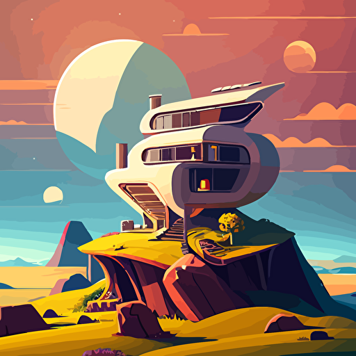 futuristic house on a hill overlooking a valley, vector art