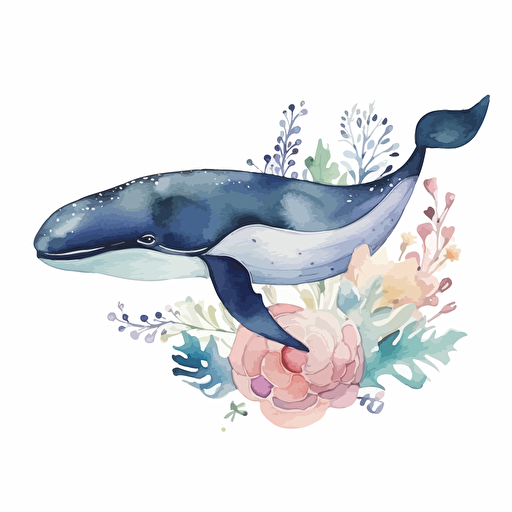 whale, detailed, cartoon style, 2d watercolor clipart vector, creative and imaginative, floral, hd, white background