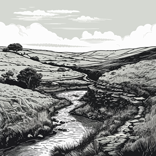 vector ink drowing style with details only white background only two colors yorkshire moors