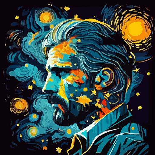 Design a vector art tribute to "The Starry Night" by Van Gogh, combining elements of the original painting with a contemporary pop art twist.