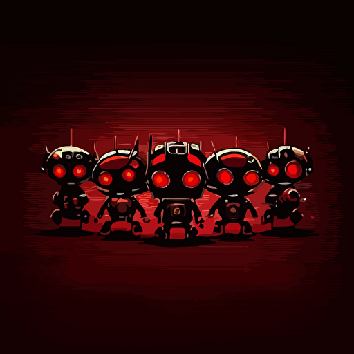 logo, minimalist, vectorized, red and black colors, print layer , delicacy, tiny robots in a line, dark background