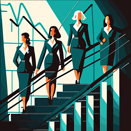 Four women in business suits, as top managers, climb stairs to the top, detailed vector illustration illustration