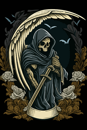 hooded reaper with Scythe and wings vector art style moral patch