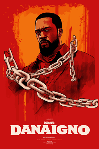 django breaking the chains in django unchained, front view, poster, vector, gritty, detailed, red background,